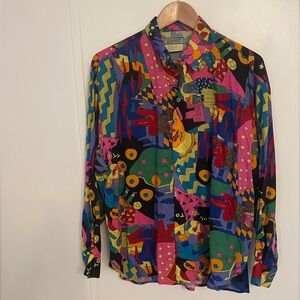 Vintage 80’s Esprit Pop Art Novelty Faces Colorful New Wave Shirt Size L Rare
